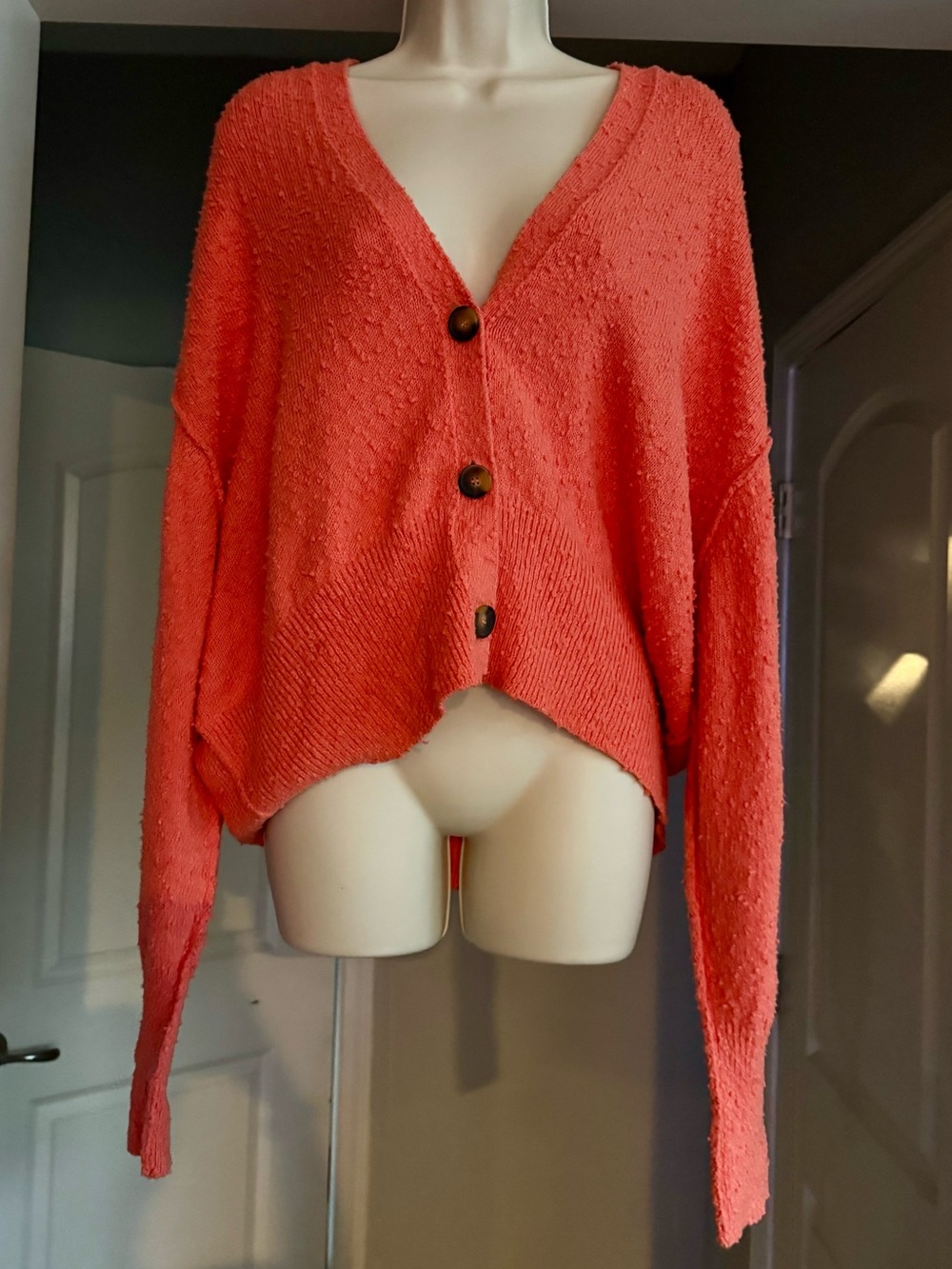 Free People Coral Textured Bouclé Button Front Oversized Cardigan S Boho Coastal